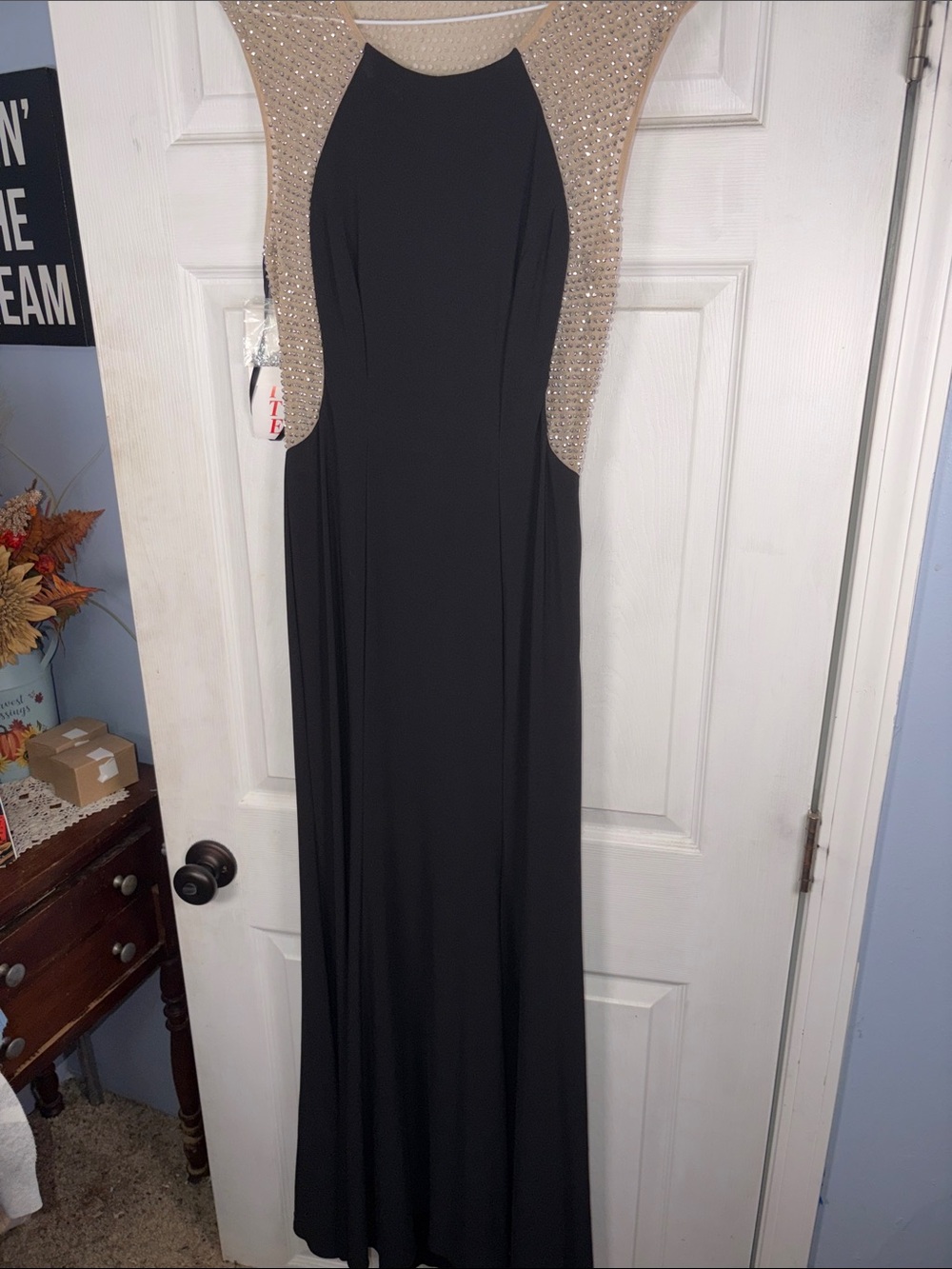 Xscape Black Maxi Gown with Gold Beaded Illusion Yoke